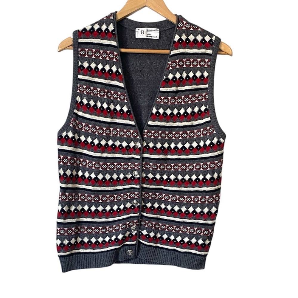 Vintage Braemar Patterned Knit button front Vest V neck 90s size Medium Large